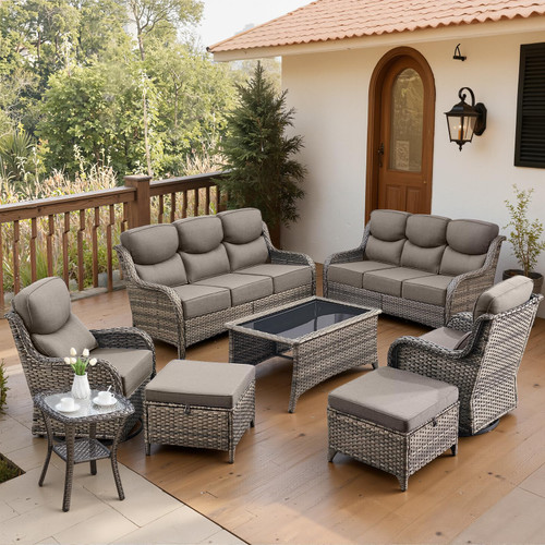 Luxury 6" Thick Cushioned 8 Pieces Patio Furniture Set with Outdoor Couch, Wicker Outdoor Conversation Set with High Back Swivel Rocker Chairs for Deck Porch Yard and Poolside - Grey+Grey