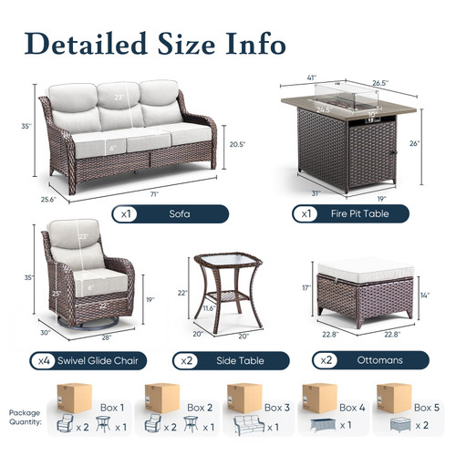 Luxury 6" Thick Cushioned 10 Pieces Patio Furniture Set with Fire Pit Table, Wicker Outdoor Conversation Set with High Back Swivel Rocker Chairs for Deck Porch Yard and Poolside - Brown+Beige