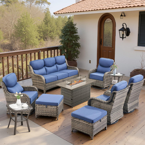 Luxury 6" Thick Cushioned 10 Pieces Patio Furniture Set with Fire Pit Table, Wicker Outdoor Conversation Set with High Back Swivel Rocker Chairs for Deck Porch Yard and Poolside - Grey+Blue
