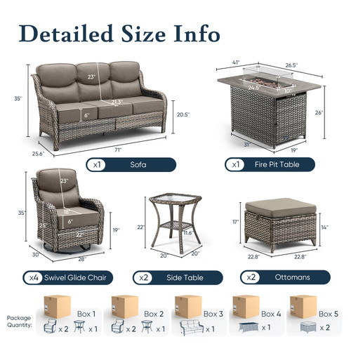 Luxury 6" Thick Cushioned 10 Pieces Patio Furniture Set with Fire Pit Table, Wicker Outdoor Conversation Set with High Back Swivel Rocker Chairs for Deck Porch Yard and Poolside - Grey+Grey