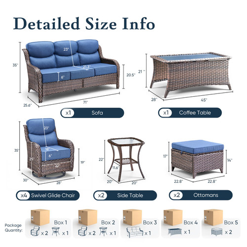 Luxury 6" Thick Cushioned 10 Pieces Patio Furniture Set with Outdoor Couch, Wicker Outdoor Conversation Set with High Back Swivel Rocker Chairs for Deck Porch Yard and Poolside - Brown+Blue