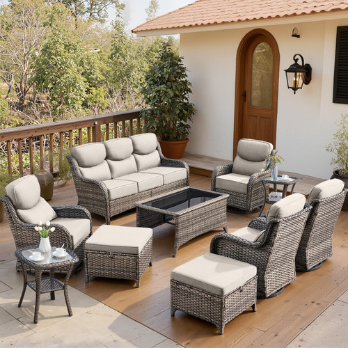 Luxury 6" Thick Cushioned 10 Pieces Patio Furniture Set with Outdoor Couch, Wicker Outdoor Conversation Set with High Back Swivel Rocker Chairs for Deck Porch Yard and Poolside - Grey+Beige