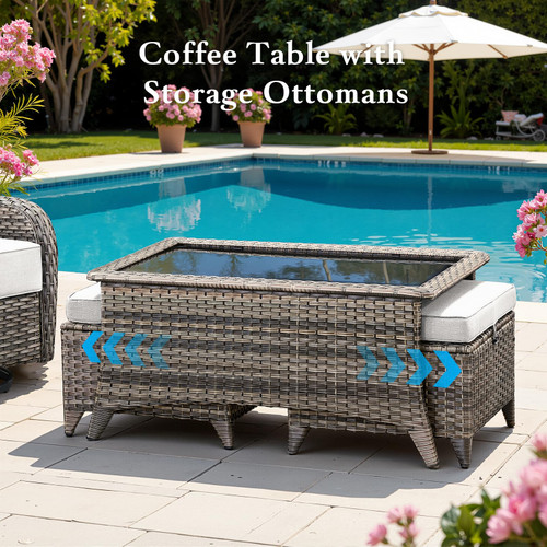 Luxury 6" Thick Cushioned 10 Pieces Patio Furniture Set with Outdoor Couch, Wicker Outdoor Conversation Set with High Back Swivel Rocker Chairs for Deck Porch Yard and Poolside - Grey+Beige