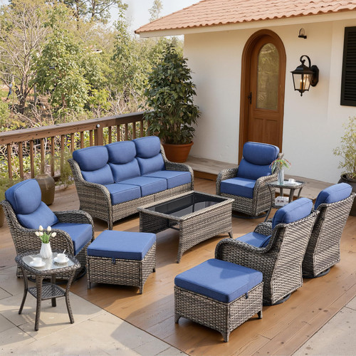 Luxury 6" Thick Cushioned 10 Pieces Patio Furniture Set with Outdoor Couch, Wicker Outdoor Conversation Set with High Back Swivel Rocker Chairs for Deck Porch Yard and Poolside - Grey+Blue