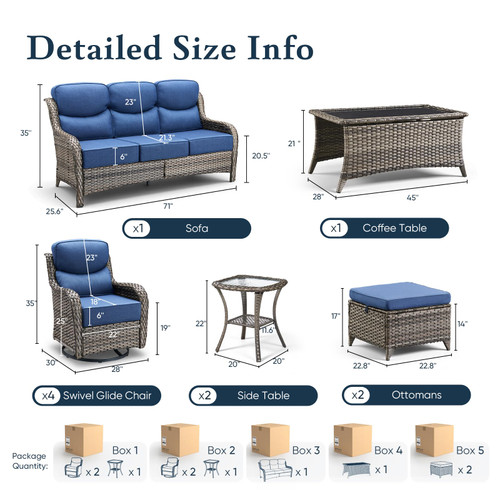 Luxury 6" Thick Cushioned 10 Pieces Patio Furniture Set with Outdoor Couch, Wicker Outdoor Conversation Set with High Back Swivel Rocker Chairs for Deck Porch Yard and Poolside - Grey+Blue