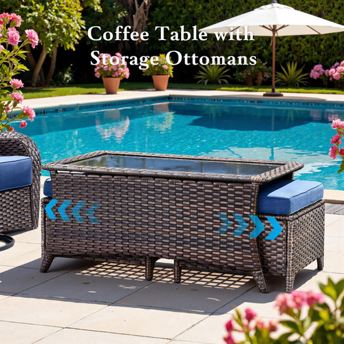 Luxury 6" Thick Cushioned 11 Pieces Patio Furniture Set with Outdoor Couch, Wicker Outdoor Conversation Set with High Back Swivel Rocker Chairs for Deck Porch Yard and Poolside - Brown+Blue