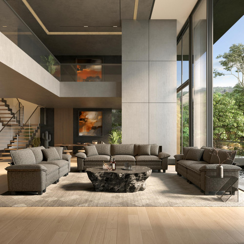 2 Pieces Modular Sectional Sofa Sets, Oversized Couch Set with Loveseat and Armchair, Comfy Cloud Couches with Throw Pillows, 3-Seater Deep Seat Sofa for Living Room, Chenille Ash