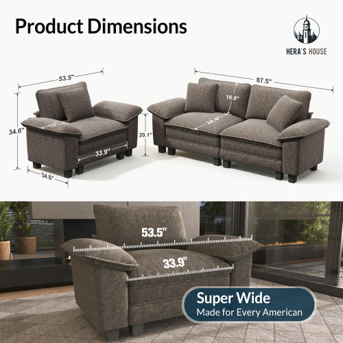 2 Pieces Modular Sectional Sofa Sets, Oversized Couch Set with Loveseat and Armchair, Comfy Cloud Couches with Throw Pillows, 3-Seater Deep Seat Sofa for Living Room, Chenille Ash