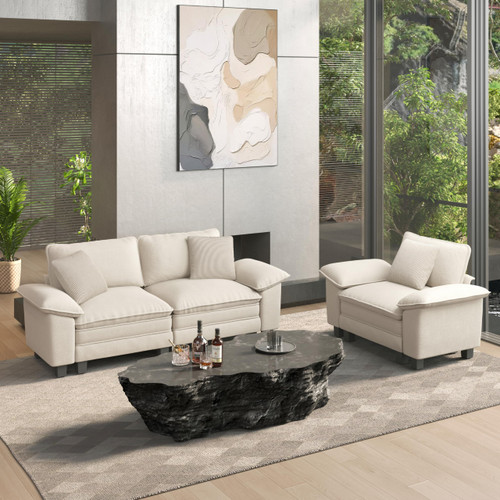 2 Pieces Modular Sectional Sofa Sets, Oversized Couch Set with Loveseat and Armchair, Comfy Cloud Couches with Throw Pillows, 3-Seater Deep Seat Sofa for Living Room, Chenille Beige