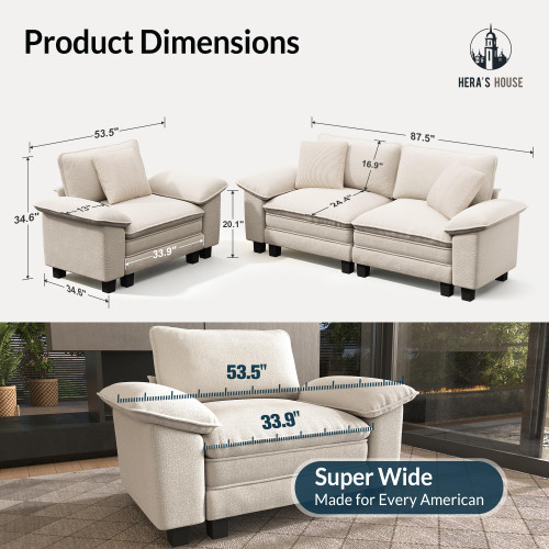 2 Pieces Modular Sectional Sofa Sets, Oversized Couch Set with Loveseat and Armchair, Comfy Cloud Couches with Throw Pillows, 3-Seater Deep Seat Sofa for Living Room, Chenille Beige