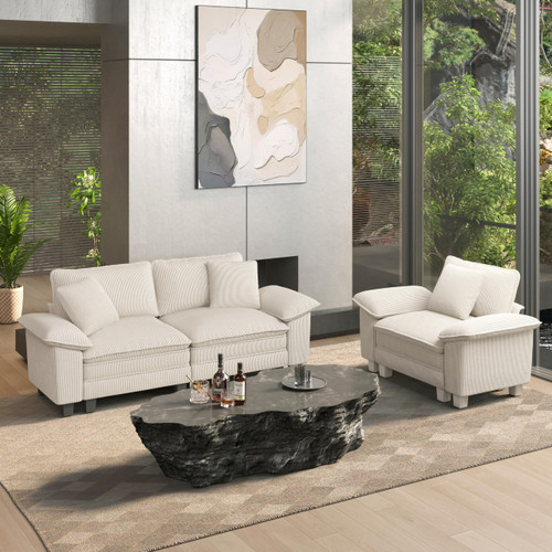 2 Pieces Modular Sectional Sofa Sets, Oversized Couch Set with Loveseat and Armchair, Comfy Cloud Couches with Throw Pillows, 3-Seater Deep Seat Sofa for Living Room, Corduroy Beige