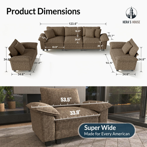 3 Pieces Modular Sectional Sofa Sets, Oversized Couch Set with Loveseat and Armchairs, Comfy Cloud Couches with Throw Pillows, 5-Seater Deep Seat Sofa for Living Room, Chenille Taupe