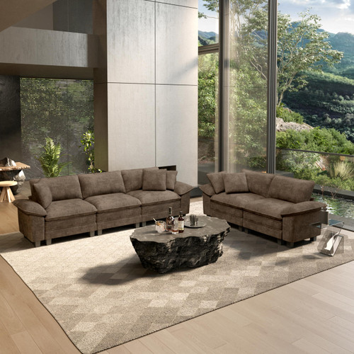 2 Pieces Modular Sectional Sofa Sets, Oversized Couch Set with Loveseats, Comfy Cloud Couches with Throw Pillows, 5-Seater Deep Seat Sofa for Living Room, Chenille Taupe