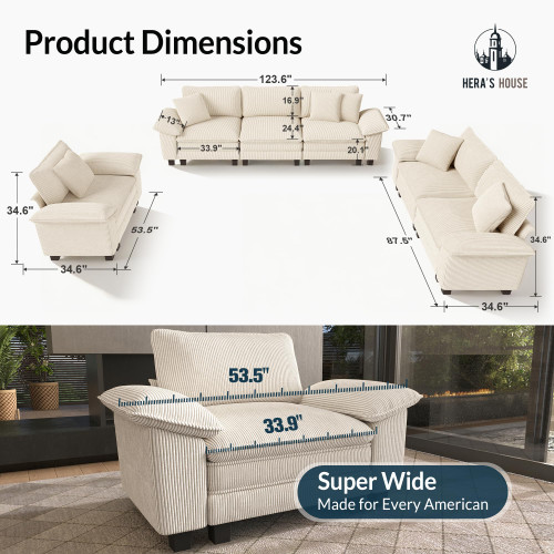 3 Pieces Modular Sectional Sofa Sets, Oversized Couch Set with Loveseats and Armchair, Comfy Cloud Couches with Throw Pillows, 6-Seater Deep Seat Sofa for Living Room, Corduroy Beige
