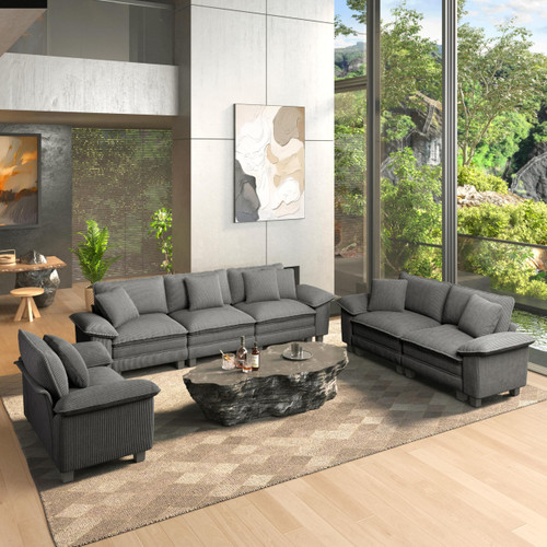 3 Pieces Modular Sectional Sofa Sets, Oversized Couch Set with Loveseats and Armchair, Comfy Cloud Couches with Throw Pillows, 6-Seater Deep Seat Sofa for Living Room, Corduroy Grey