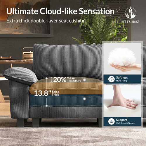 3 Pieces Modular Sectional Sofa Sets, Oversized Couch Set with Loveseats and Armchair, Comfy Cloud Couches with Throw Pillows, 6-Seater Deep Seat Sofa for Living Room, Corduroy Grey