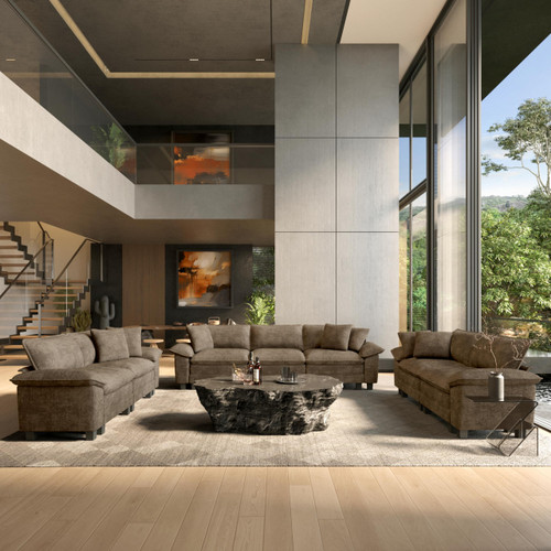 3 Pieces Modular Sectional Sofa Sets, Oversized Couch Set with Loveseats, Comfy Cloud Couches with Throw Pillows, 7-Seater Deep Seat Sofa for Living Room, Chenille Taupe