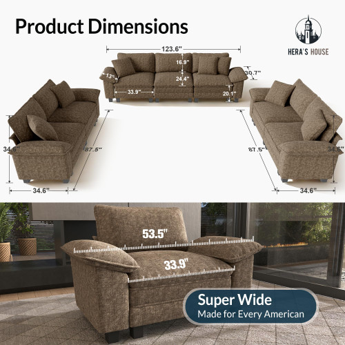3 Pieces Modular Sectional Sofa Sets, Oversized Couch Set with Loveseats, Comfy Cloud Couches with Throw Pillows, 7-Seater Deep Seat Sofa for Living Room, Chenille Taupe
