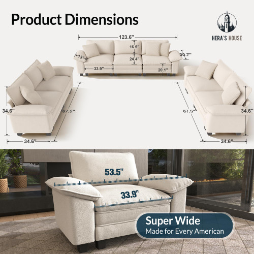 3 Pieces Modular Sectional Sofa Sets, Oversized Couch Set with Loveseats, Comfy Cloud Couches with Throw Pillows, 7-Seater Deep Seat Sofa for Living Room, Chenille Beige