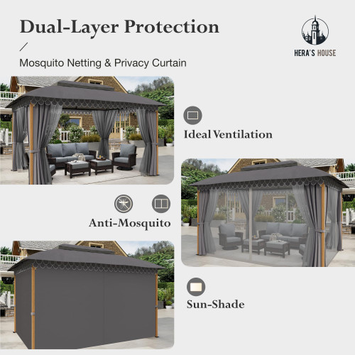 Outdoor Patio Gazebo 10 x 13, Heavy Duty Metal Frame Canopy Tent with Double Roof & Mosquito Netting for Deck Backyard Lawn Garden, Gray