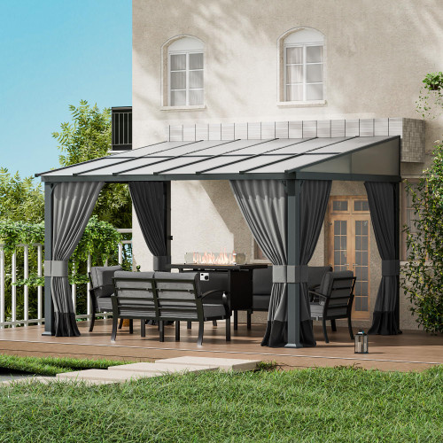 10x12FT Gazebo, Hardtop Wall Mounted Gazebo with Sloping Sun Panel Roof, Awnings for Patio with Metal Frame, Double Curtains for Garden, Lawn, Backyard Deck, Sand