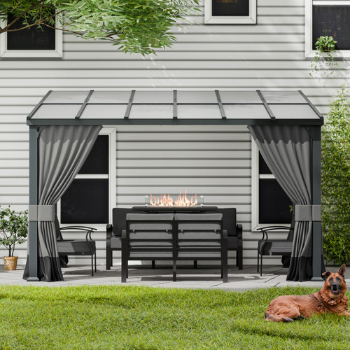 10x12FT Gazebo, Hardtop Wall Mounted Gazebo with Sloping Sun Panel Roof, Awnings for Patio with Metal Frame, Double Curtains for Garden, Lawn, Backyard Deck, Sand