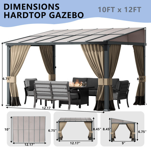 10x12FT Gazebo, Hardtop Wall Mounted Gazebo with Sloping Sun Panel Roof, Awnings for Patio with Metal Frame, Double Curtains for Garden, Lawn, Backyard Deck, Sand.