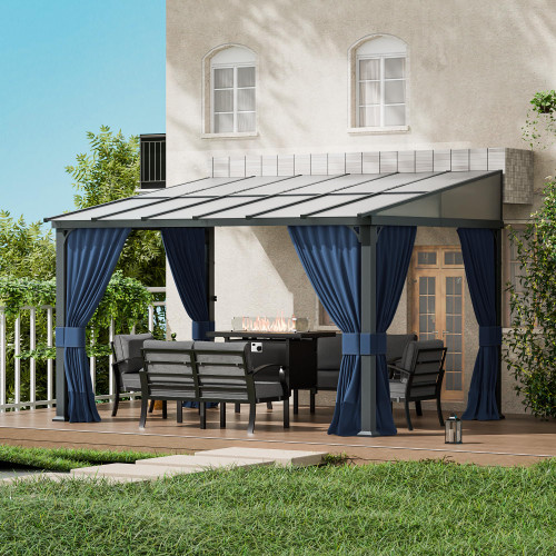 10x12 FT Gazebo, Hardtop Wall Mounted Gazebo with Sloping Sun Panel Roof, Awnings for Patio with Metal Frame, Double Curtains for Garden, Lawn, Backyard Deck, Sand