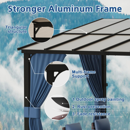 10x12 FT Gazebo, Hardtop Wall Mounted Gazebo with Sloping Sun Panel Roof, Awnings for Patio with Metal Frame, Double Curtains for Garden, Lawn, Backyard Deck, Sand