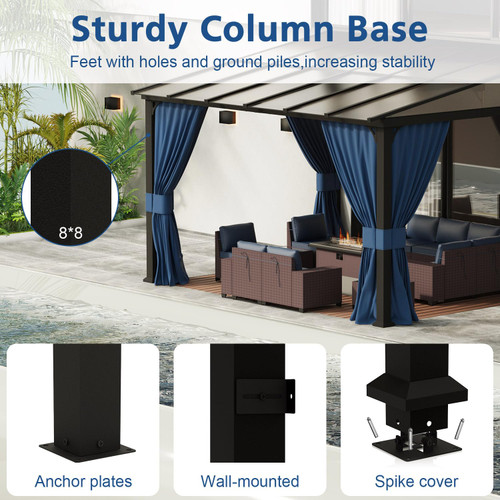 10x12 FT Gazebo, Hardtop Wall Mounted Gazebo with Sloping Sun Panel Roof, Awnings for Patio with Metal Frame, Double Curtains for Garden, Lawn, Backyard Deck, Sand