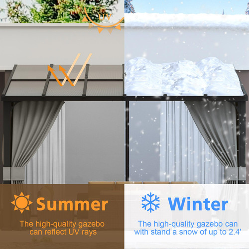 10x14FT Wall Mounted Gazebo Hardtop ,Outdoor Wall-Mounted Patio Pergola Metal Frame Double Curtains Gazebo with Sloping Sun Panel Roof for Patio,Garden,Lawn,Pool,Backyard Deck, Gray