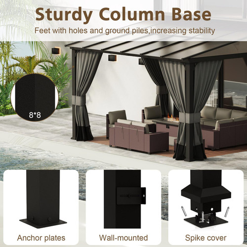 10x14FT Wall Mounted Gazebo Hardtop ,Outdoor Wall-Mounted Patio Pergola Metal Frame Double Curtains Gazebo with Sloping Sun Panel Roof for Patio,Garden,Lawn,Pool,Backyard Deck, Gray