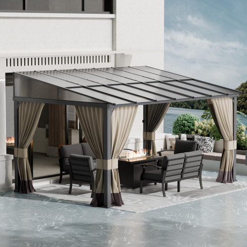 10x14FT Gazebo, Hardtop Wall Mounted Gazebo with Sloping Sun Panel Roof, Awnings for Patio with Metal Frame,  Double Curtains for Garden, Lawn, Backyard Deck, Sand