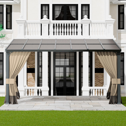 10x14FT Gazebo, Hardtop Wall Mounted Gazebo with Sloping Sun Panel Roof, Awnings for Patio with Metal Frame,  Double Curtains for Garden, Lawn, Backyard Deck, Sand