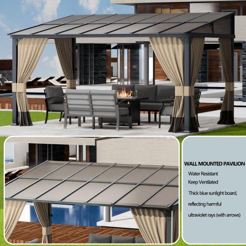 10x14FT Gazebo, Hardtop Wall Mounted Gazebo with Sloping Sun Panel Roof, Awnings for Patio with Metal Frame,  Double Curtains for Garden, Lawn, Backyard Deck, Sand