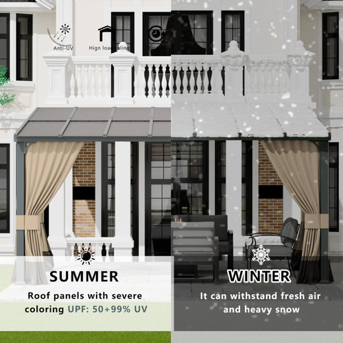 10x14FT Gazebo, Hardtop Wall Mounted Gazebo with Sloping Sun Panel Roof, Awnings for Patio with Metal Frame,  Double Curtains for Garden, Lawn, Backyard Deck, Sand