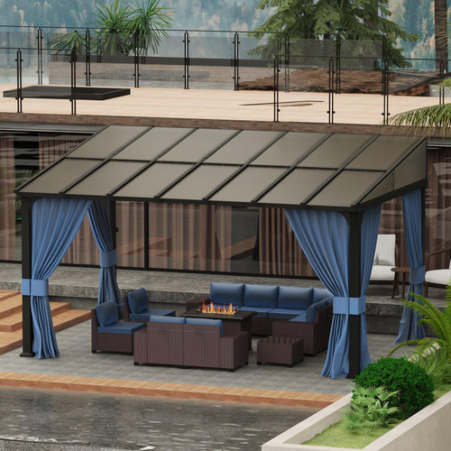 10x14FT Wall Mounted Gazebo Hardtop,Outdoor Wall-Mounted Patio Pergola Metal Frame Double Curtains Gazebo with Sloping Sun Panel Roof for Patio ,Garden,Lawn,Pool,Backyard Deck, Navy