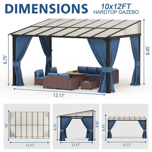 10x14FT Wall Mounted Gazebo Hardtop,Outdoor Wall-Mounted Patio Pergola Metal Frame Double Curtains Gazebo with Sloping Sun Panel Roof for Patio ,Garden,Lawn,Pool,Backyard Deck, Navy