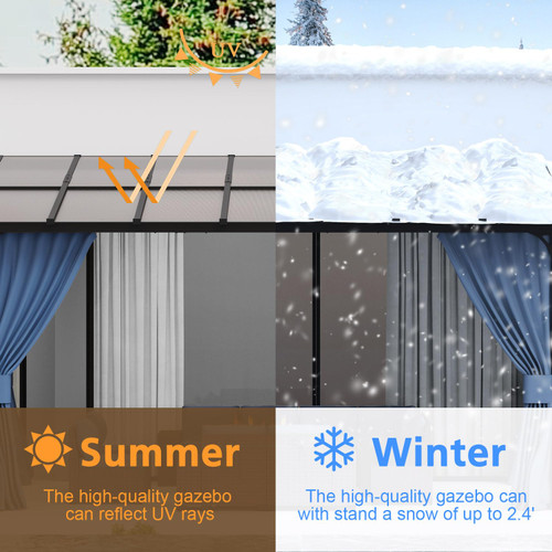 10x14FT Wall Mounted Gazebo Hardtop,Outdoor Wall-Mounted Patio Pergola Metal Frame Double Curtains Gazebo with Sloping Sun Panel Roof for Patio ,Garden,Lawn,Pool,Backyard Deck, Navy