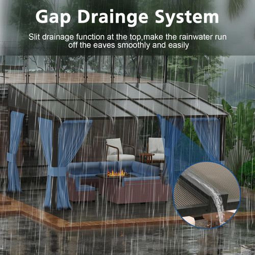 10x14FT Wall Mounted Gazebo Hardtop,Outdoor Wall-Mounted Patio Pergola Metal Frame Double Curtains Gazebo with Sloping Sun Panel Roof for Patio ,Garden,Lawn,Pool,Backyard Deck, Navy