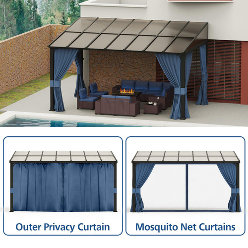 10x14FT Wall Mounted Gazebo Hardtop,Outdoor Wall-Mounted Patio Pergola Metal Frame Double Curtains Gazebo with Sloping Sun Panel Roof for Patio ,Garden,Lawn,Pool,Backyard Deck, Navy