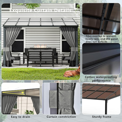 10x24FT Wall Mounted Gazebo Hardtop,Outdoor Wall-Mounted Patio Pergola Metal Frame Double Curtains Gazebo with Sloping Sun Panel Roof for Patio,Garden,Lawn,Pool,Backyard Deck, Gray