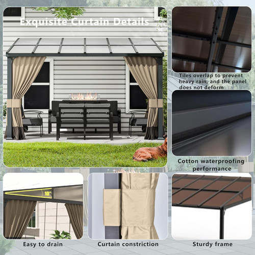 10x24FT Wall Mounted Gazebo Hardtop ,Outdoor Wall-Mounted Patio Pergola Metal Frame Double Curtains Gazebo with Sloping Sun Panel Roof for Patio,Garden,Lawn,Pool,Backyard Deck, Sand