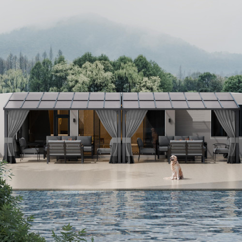 10x28FT Wall Mounted Gazebo Hardtop, Outdoor Wall-Mounted Patio Pergola Metal Frame Double Curtains Gazebo with Sloping Sun Panel Roof for Patio,Garden,Lawn,Pool,Backyard Deck, Gray