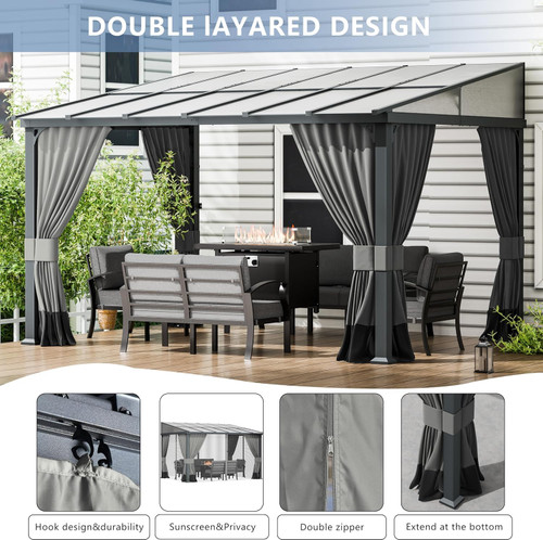 10x28FT Wall Mounted Gazebo Hardtop, Outdoor Wall-Mounted Patio Pergola Metal Frame Double Curtains Gazebo with Sloping Sun Panel Roof for Patio,Garden,Lawn,Pool,Backyard Deck, Gray