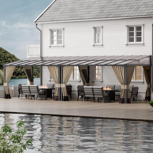 10x28FT Wall Mounted Gazebo Hardtop,Outdoor Wall-Mounted Patio Pergola Metal Frame Double Curtains Gazebo with Sloping Sun Panel Roof for Patio,Garden,Lawn,Pool,Backyard Deck, Sand