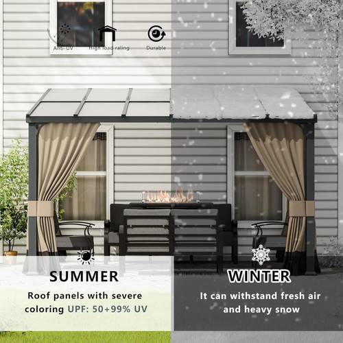 10x28FT Wall Mounted Gazebo Hardtop,Outdoor Wall-Mounted Patio Pergola Metal Frame Double Curtains Gazebo with Sloping Sun Panel Roof for Patio,Garden,Lawn,Pool,Backyard Deck, Sand