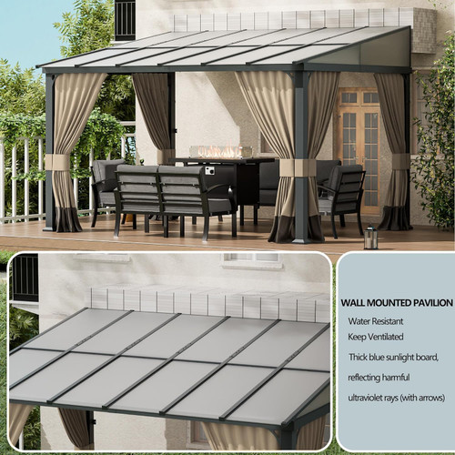 10x28FT Wall Mounted Gazebo Hardtop,Outdoor Wall-Mounted Patio Pergola Metal Frame Double Curtains Gazebo with Sloping Sun Panel Roof for Patio,Garden,Lawn,Pool,Backyard Deck, Sand