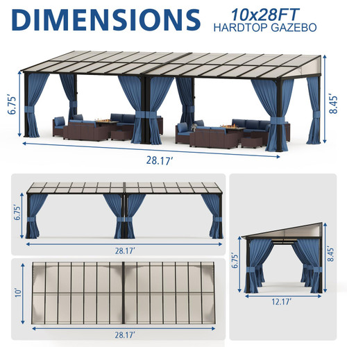 10x28FT Wall Mounted Gazebo Hardtop,Outdoor Wall-Mounted Patio Pergola Metal Frame Double Curtains Gazebo with Sloping Sun Panel Roof for Patio,Garden,Lawn, Pool,Backyard Deck, Navy