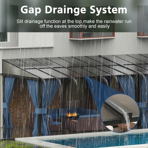 10x28FT Wall Mounted Gazebo Hardtop,Outdoor Wall-Mounted Patio Pergola Metal Frame Double Curtains Gazebo with Sloping Sun Panel Roof for Patio,Garden,Lawn, Pool,Backyard Deck, Navy